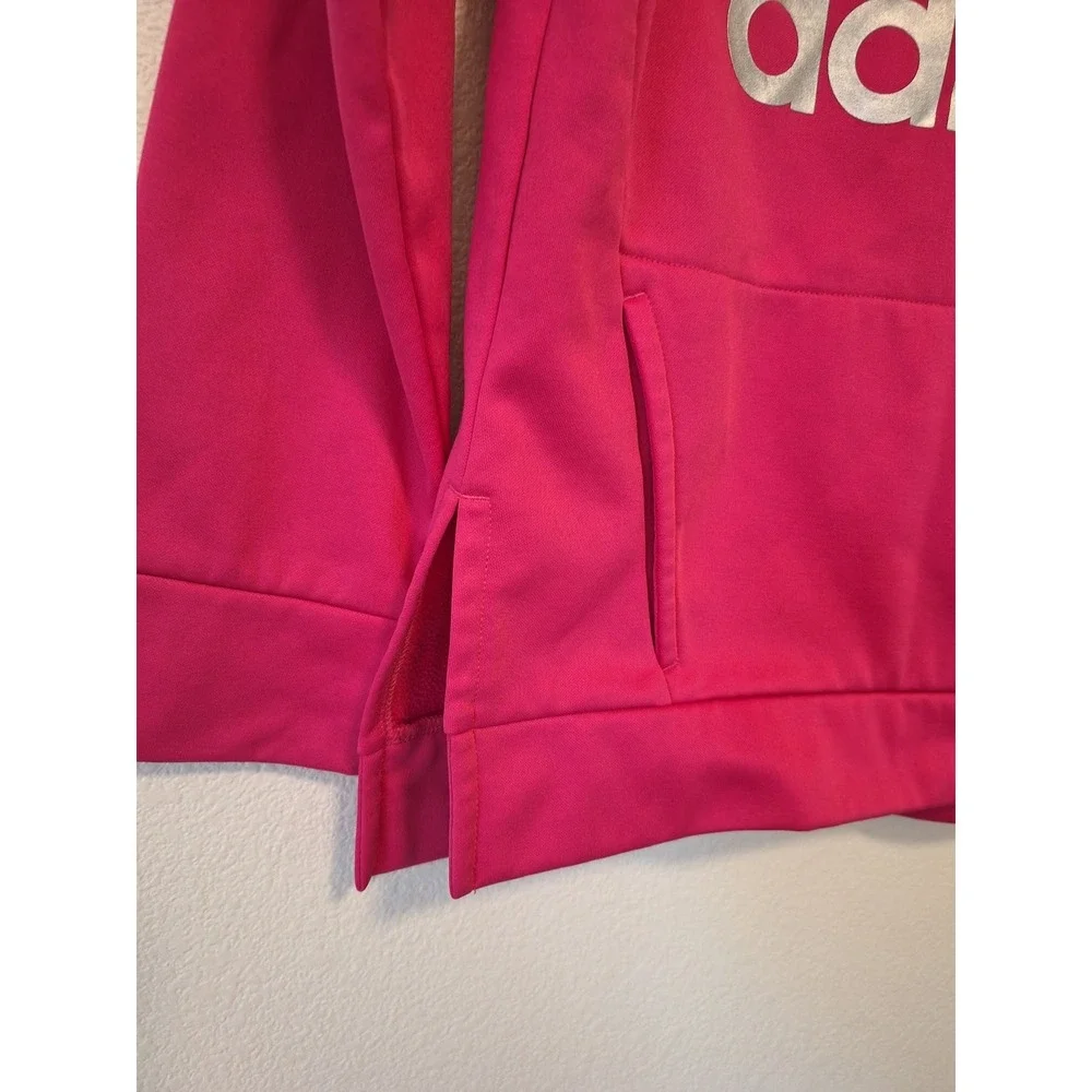 Adidas Girls Pink Silver Metallic Logo Fleece Pullover Hoodie Size Large 14
